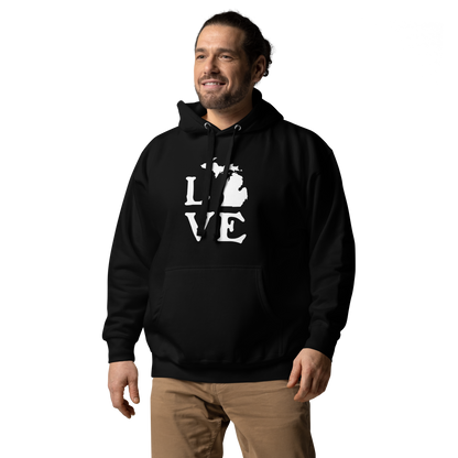 Michigan 'Love' Unisex Premium Hoodie (Woodcut Font w/MI Outline)