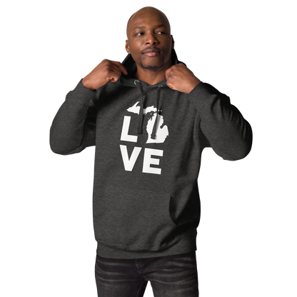 Michigan 'Love' Unisex Premium Hoodie (Geometric Sans Font w/MI Outline)