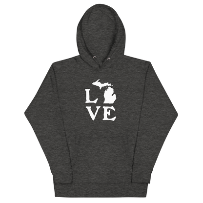 Michigan 'Love' Unisex Premium Hoodie (Woodcut Font w/MI Outline)