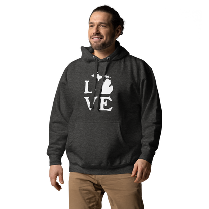 Michigan 'Love' Unisex Premium Hoodie (Woodcut Font w/MI Outline)