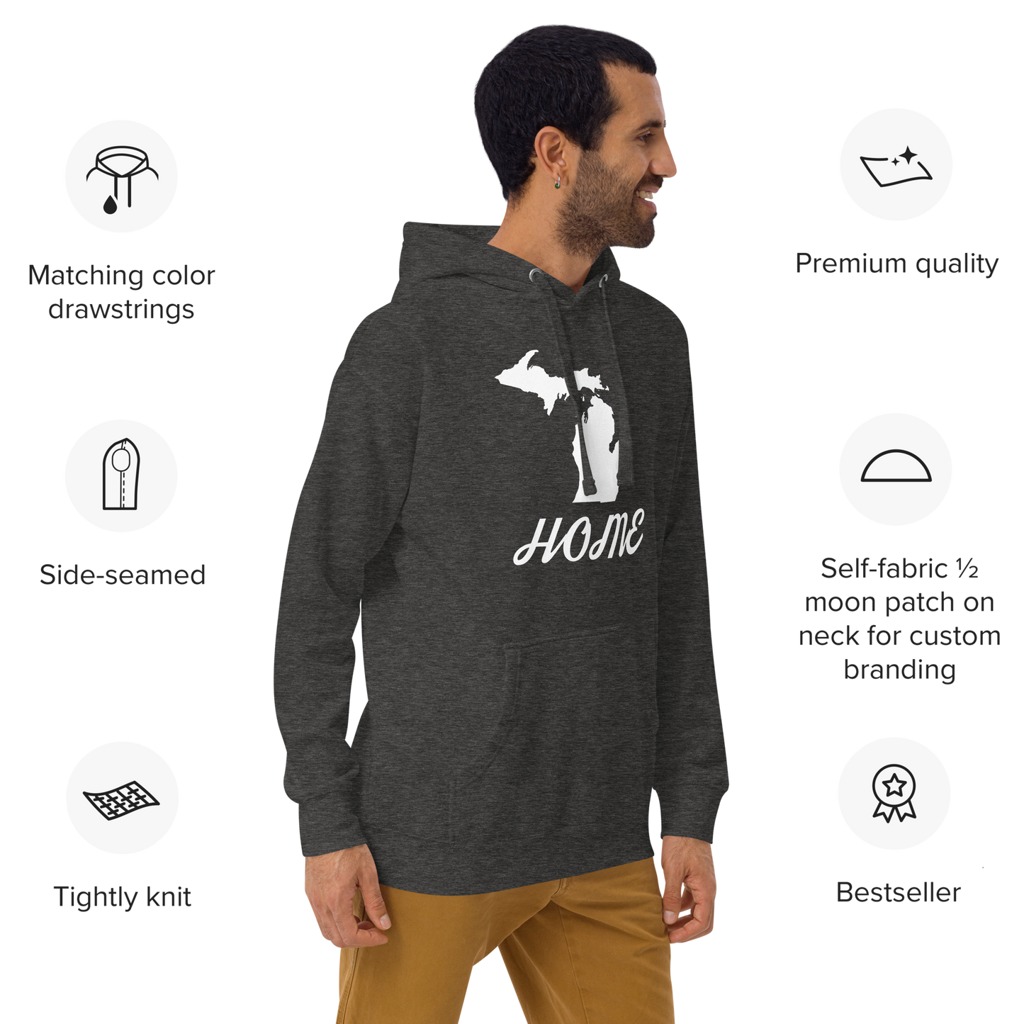 Michigan 'Home' Unisex Premium Hoodie (Script Font w/ MI Outline)