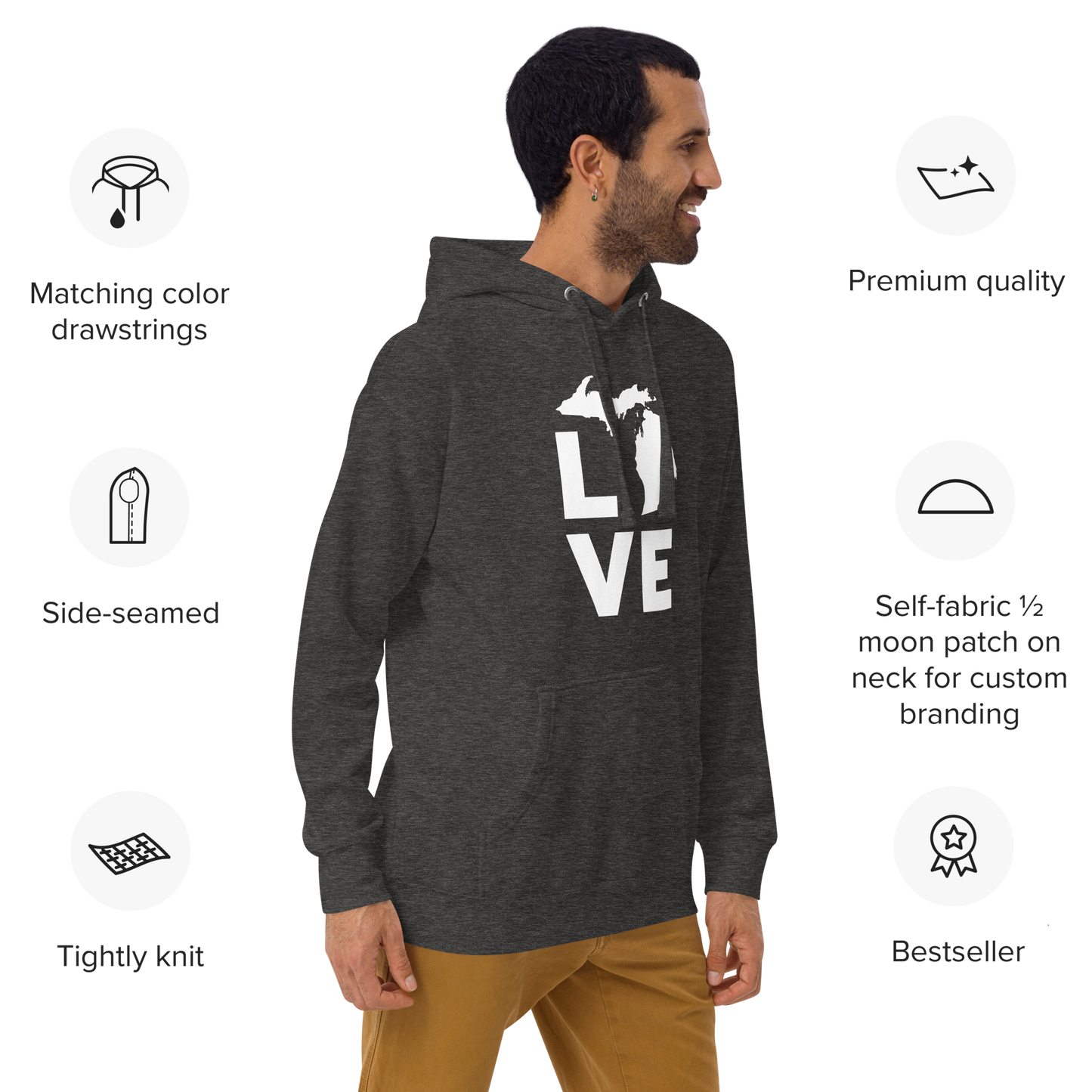 Michigan 'Love' Unisex Premium Hoodie (Geometric Sans Font w/MI Outline)