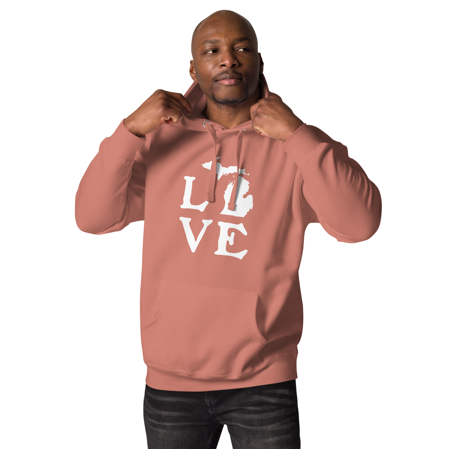 Michigan 'Love' Unisex Premium Hoodie (Woodcut Font w/MI Outline)