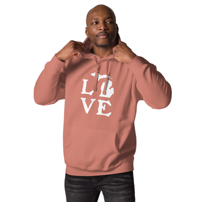 Michigan 'Love' Unisex Premium Hoodie (Woodcut Font w/MI Outline)