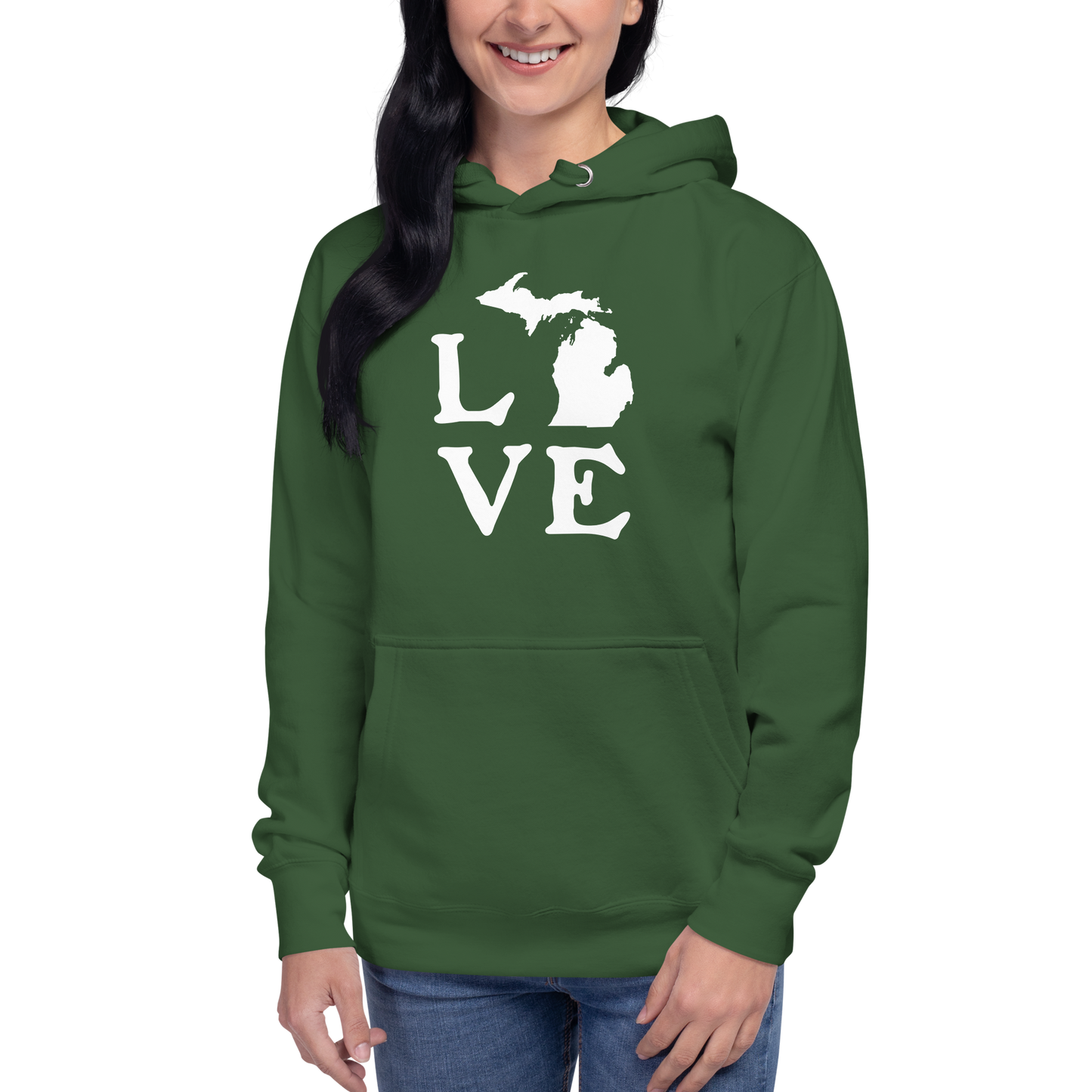 Michigan 'Love' Unisex Premium Hoodie (Woodcut Font w/MI Outline)