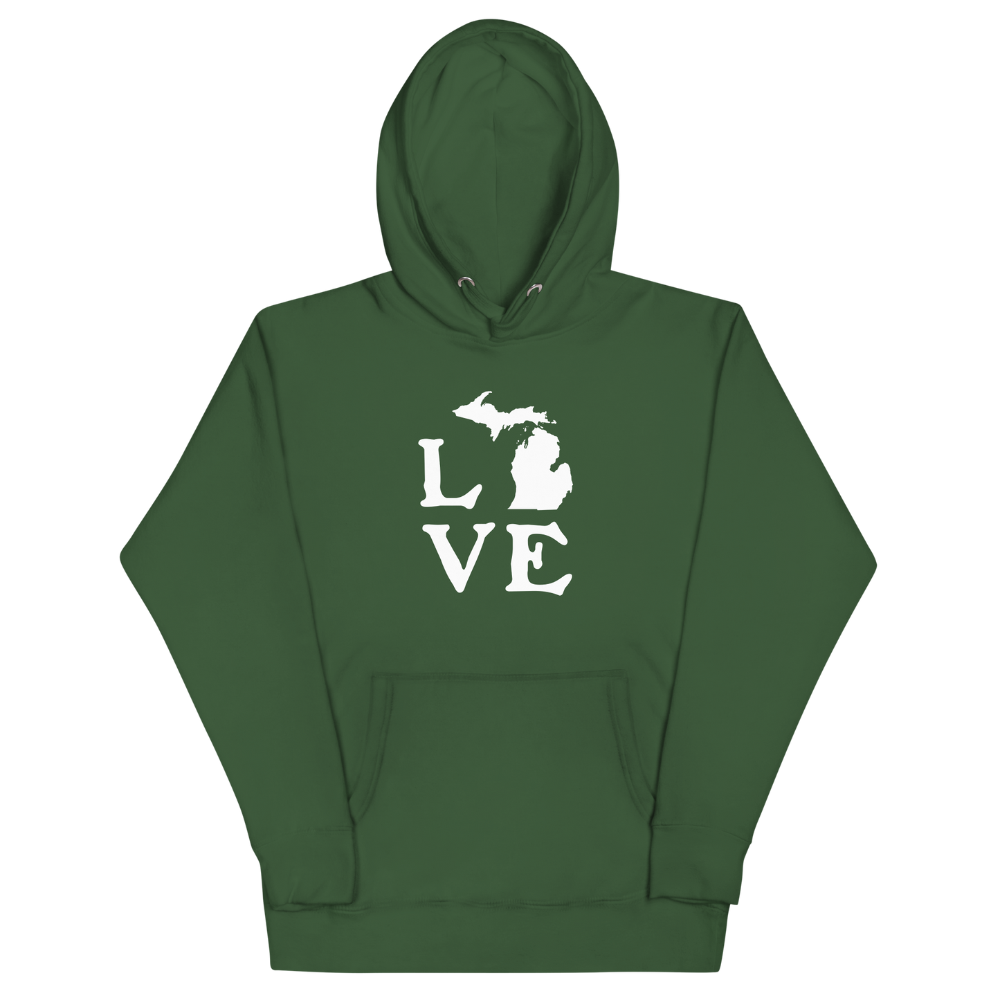 Michigan 'Love' Unisex Premium Hoodie (Woodcut Font w/MI Outline)