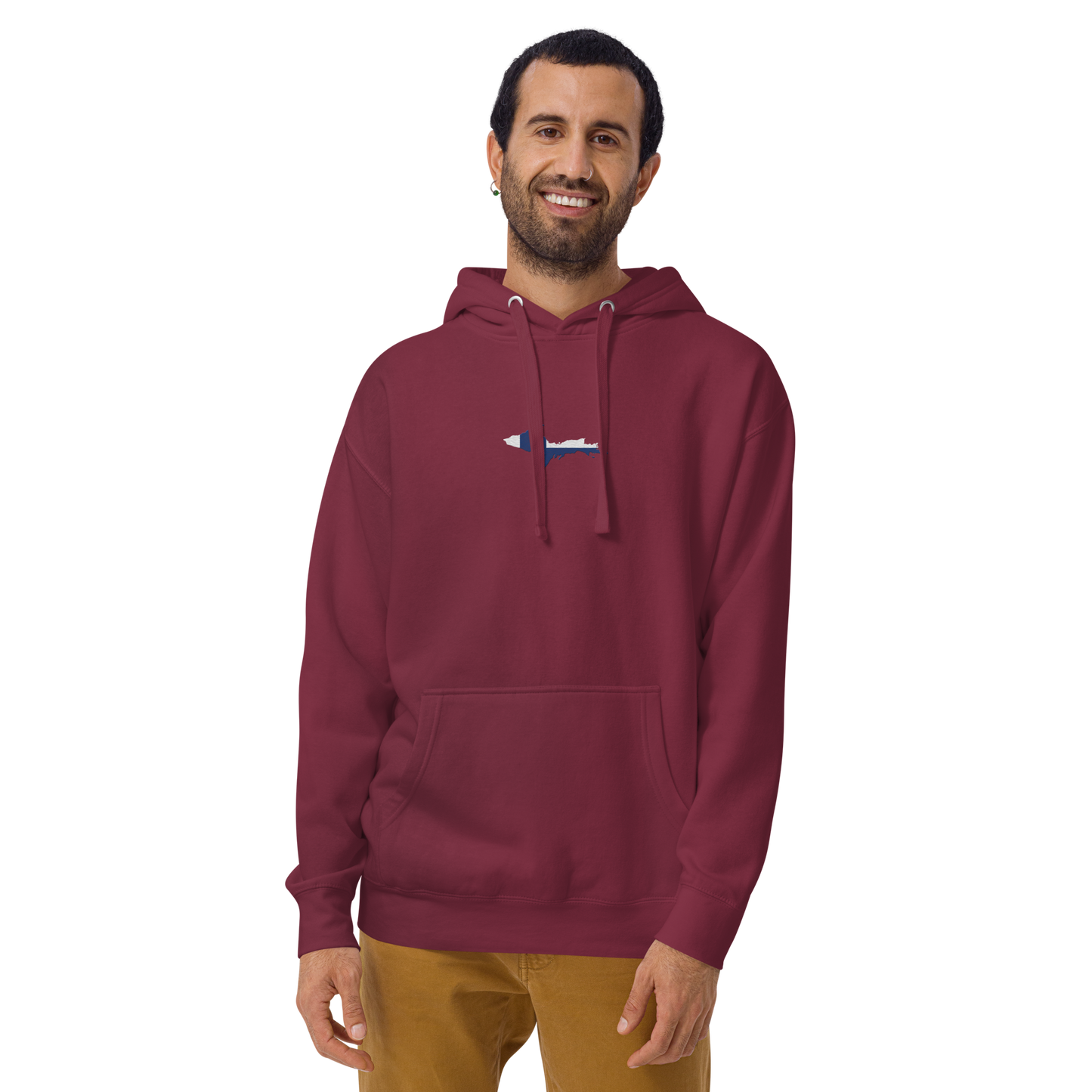 Michigan Upper Peninsula Hoodie (w/ Embroidered UP Finland Flag Outline) | Unisex Premium