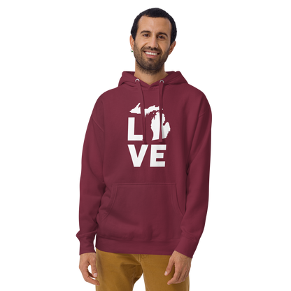 Michigan 'Love' Unisex Premium Hoodie (Geometric Sans Font w/MI Outline)