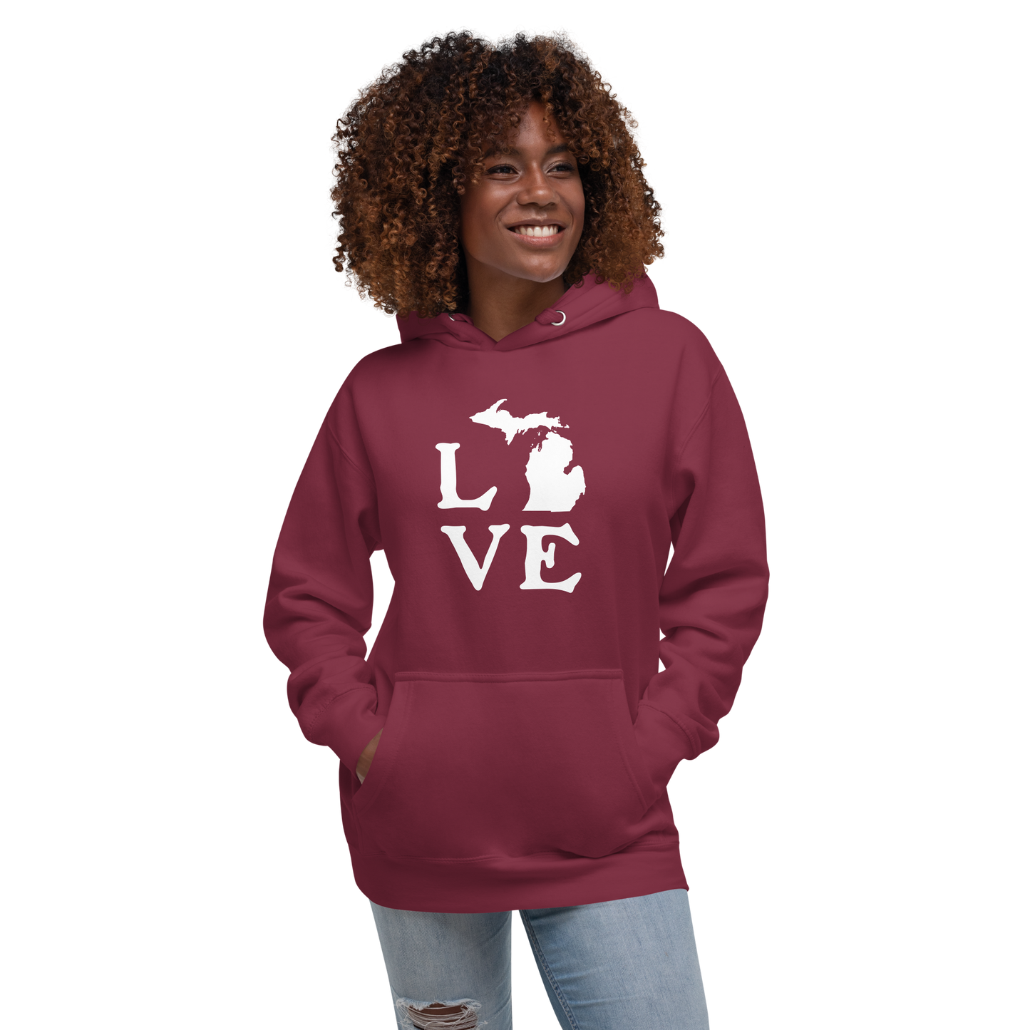 Michigan 'Love' Unisex Premium Hoodie (Woodcut Font w/MI Outline)