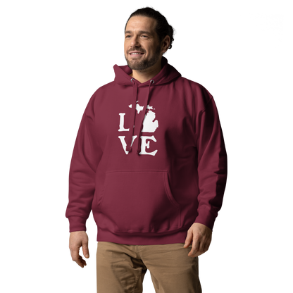 Michigan 'Love' Unisex Premium Hoodie (Woodcut Font w/MI Outline)