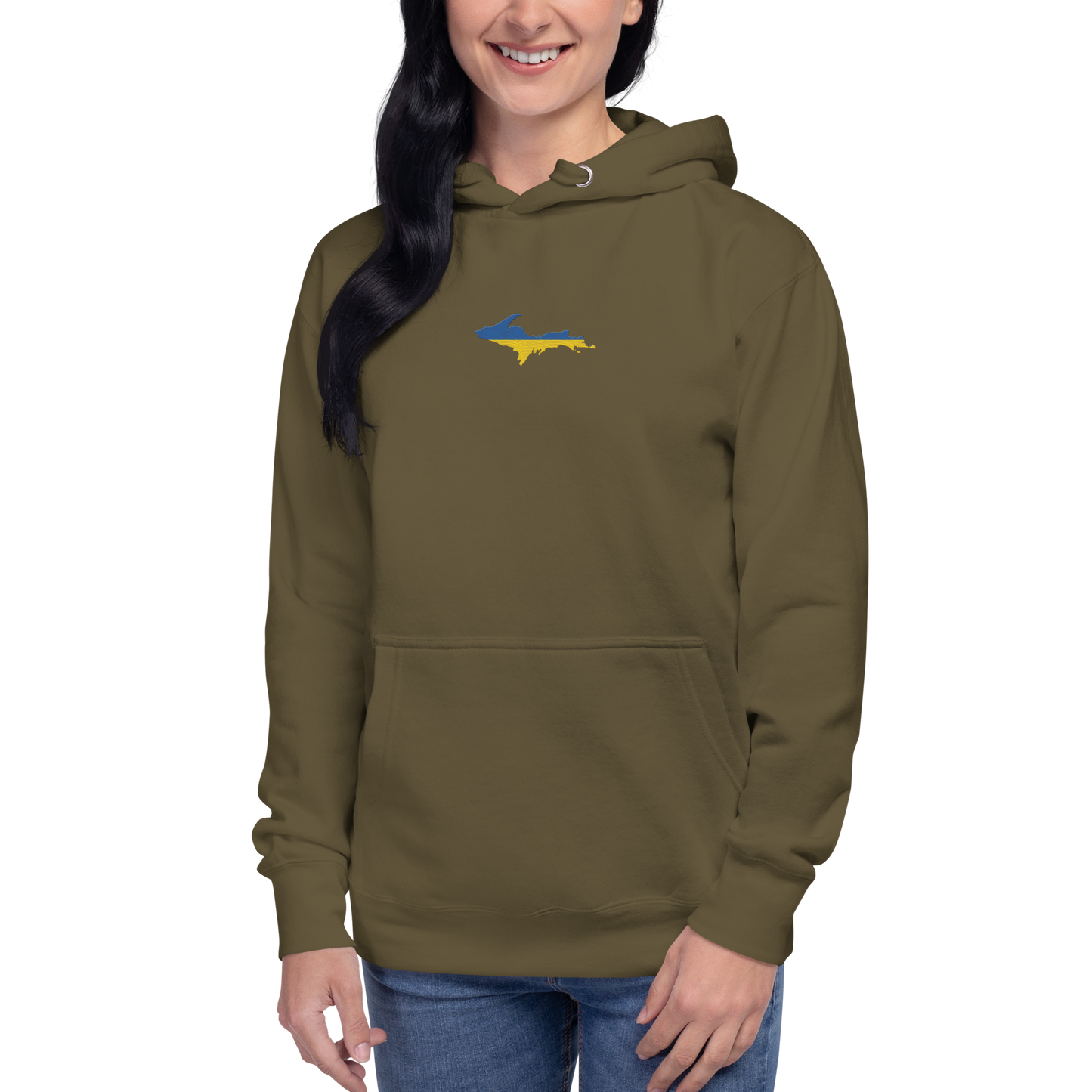 Michigan Upper Peninsula Hoodie (w/ Embroidered Ukraine Flag Outline) | Unisex Premium