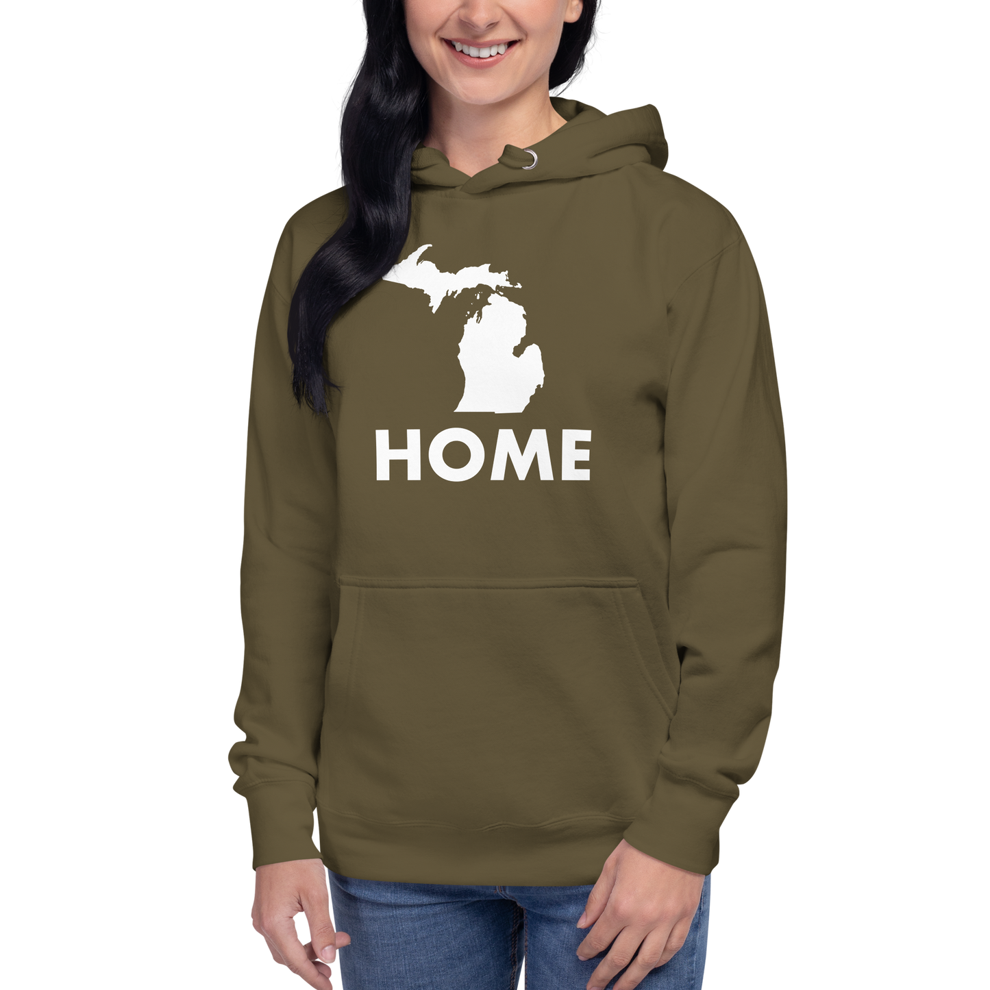 Michigan 'Home' Unisex Premium Hoodie (Geometric Sans Font w/ MI Outline)