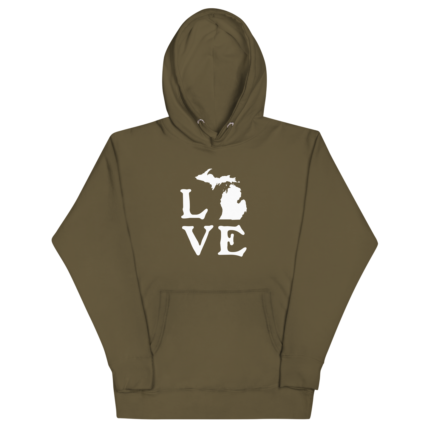 Michigan 'Love' Unisex Premium Hoodie (Woodcut Font w/MI Outline)