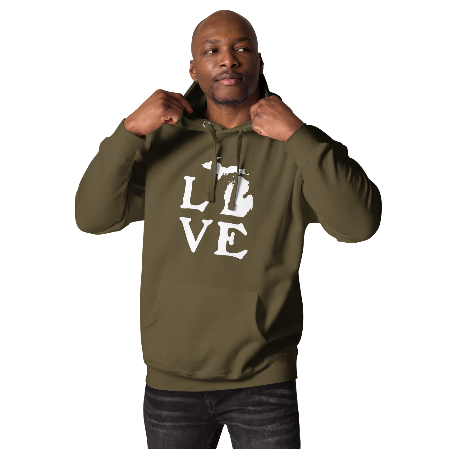 Michigan 'Love' Unisex Premium Hoodie (Woodcut Font w/MI Outline)