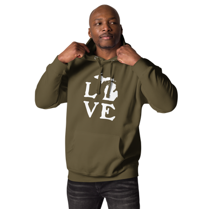 Michigan 'Love' Unisex Premium Hoodie (Woodcut Font w/MI Outline)