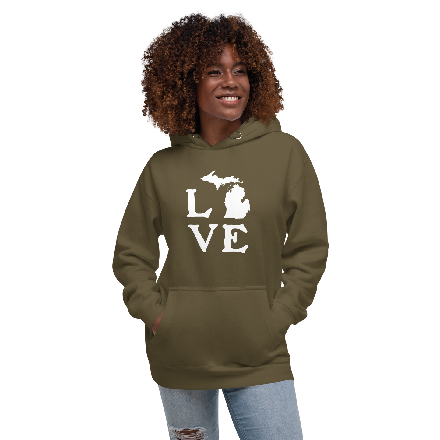 Michigan 'Love' Unisex Premium Hoodie (Woodcut Font w/MI Outline)