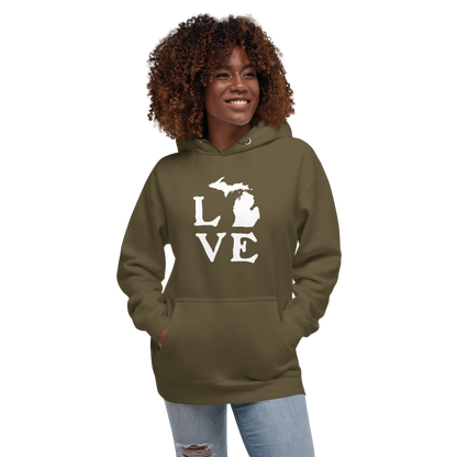 Michigan 'Love' Unisex Premium Hoodie (Woodcut Font w/MI Outline)