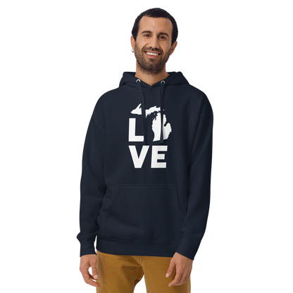 Michigan 'Love' Unisex Premium Hoodie (Geometric Sans Font w/MI Outline)