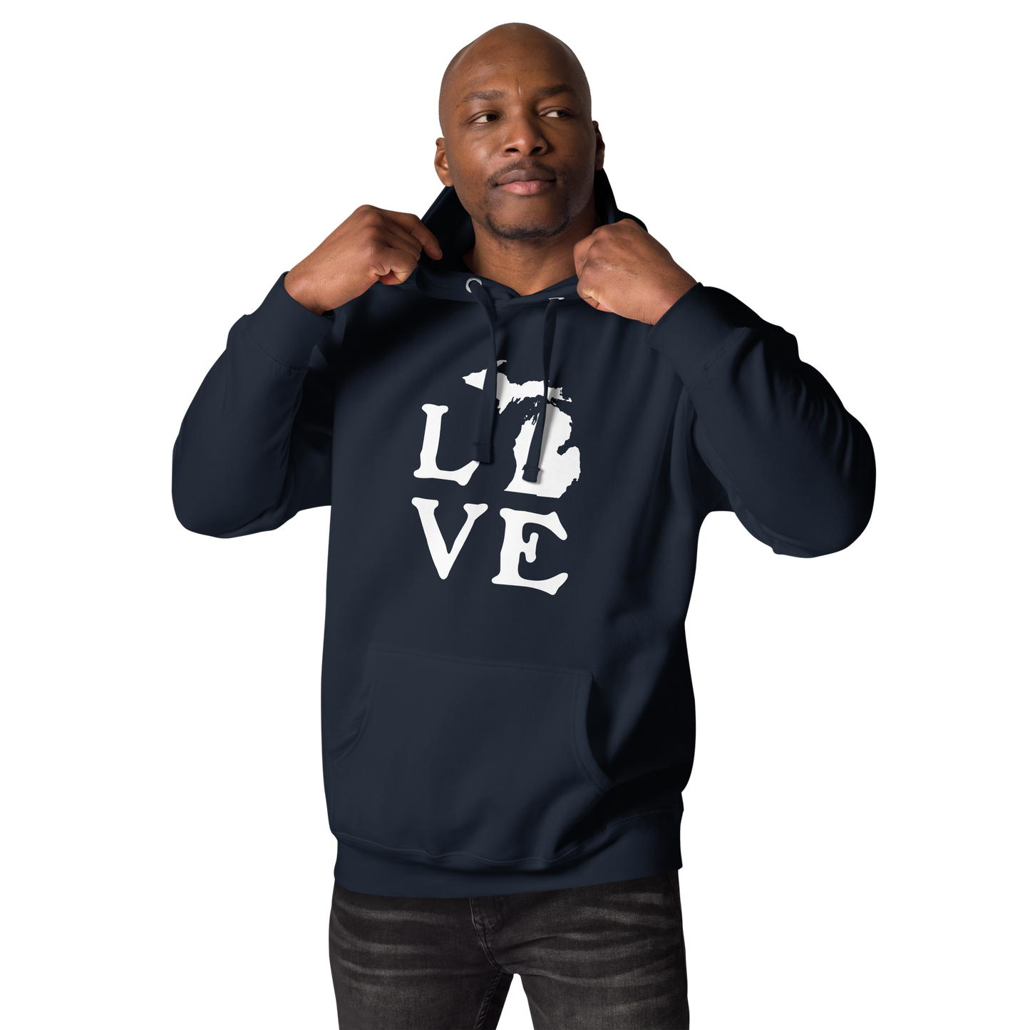 Michigan 'Love' Unisex Premium Hoodie (Woodcut Font w/MI Outline)