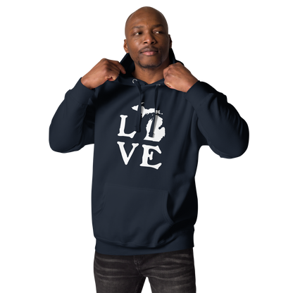 Michigan 'Love' Unisex Premium Hoodie (Woodcut Font w/MI Outline)