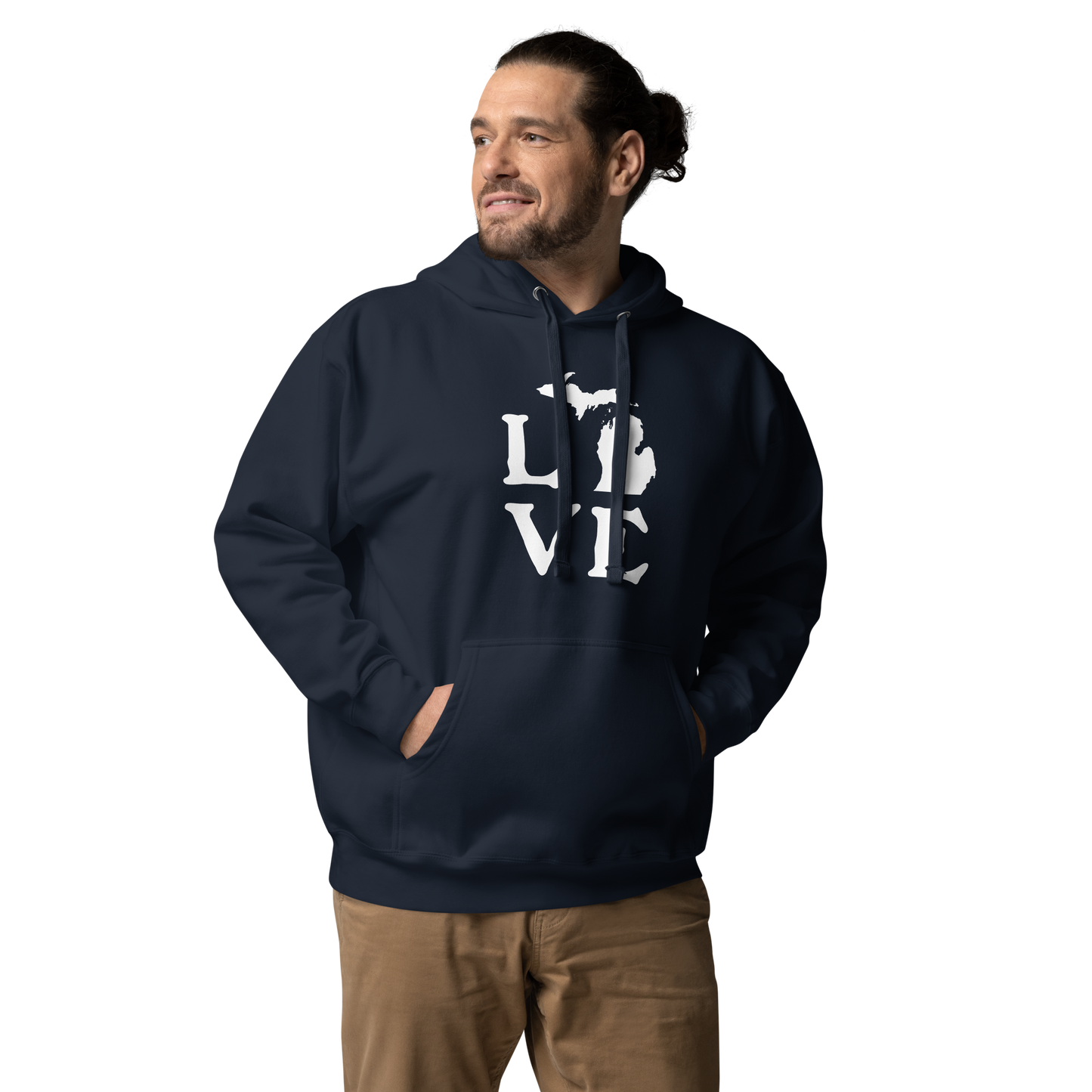 Michigan 'Love' Unisex Premium Hoodie (Woodcut Font w/MI Outline)