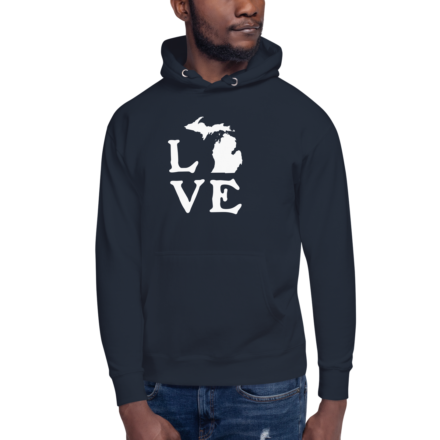 Michigan 'Love' Unisex Premium Hoodie (Woodcut Font w/MI Outline)