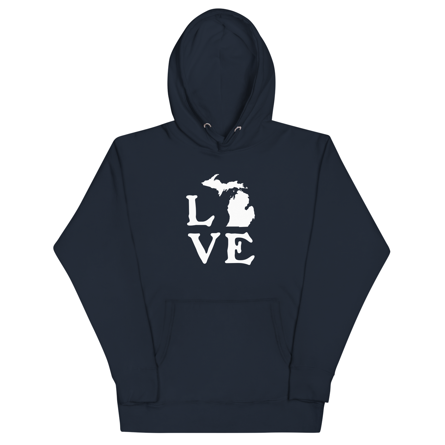 Michigan 'Love' Unisex Premium Hoodie (Woodcut Font w/MI Outline)