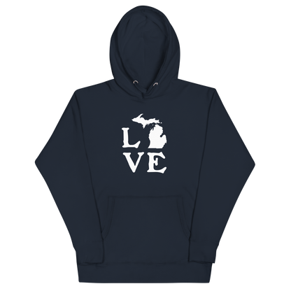 Michigan 'Love' Unisex Premium Hoodie (Woodcut Font w/MI Outline)