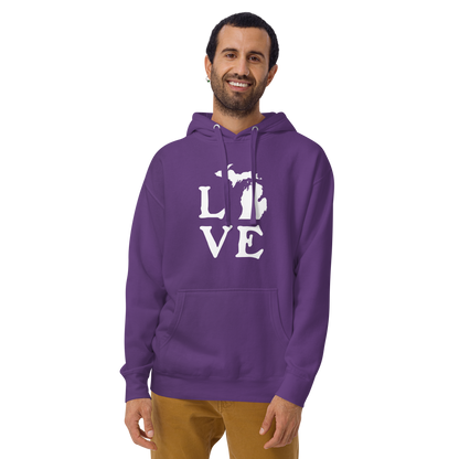 Michigan 'Love' Unisex Premium Hoodie (Woodcut Font w/MI Outline)