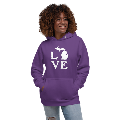 Michigan 'Love' Unisex Premium Hoodie (Woodcut Font w/MI Outline)