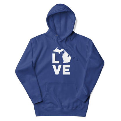 Michigan 'Love' Unisex Premium Hoodie (Geometric Sans Font w/MI Outline)