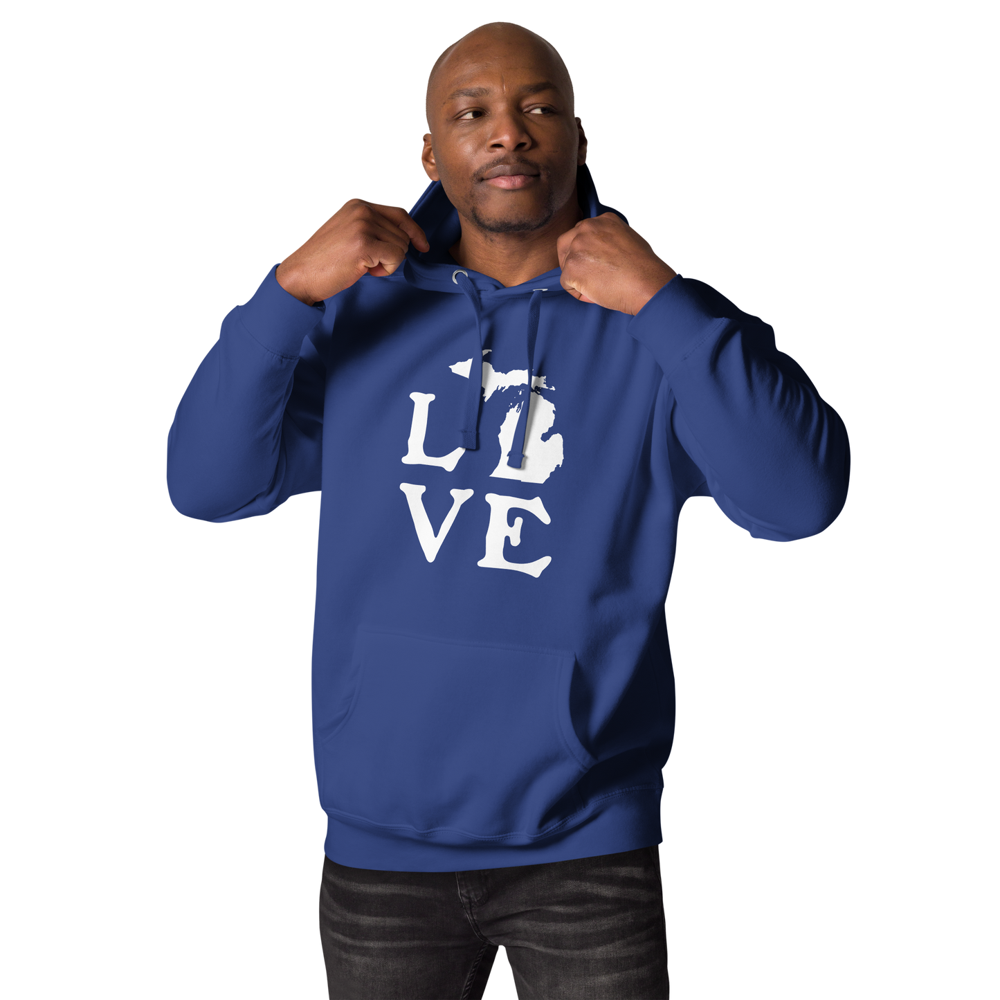 Michigan 'Love' Unisex Premium Hoodie (Woodcut Font w/MI Outline)