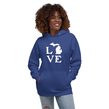 Michigan 'Love' Unisex Premium Hoodie (Woodcut Font w/MI Outline)