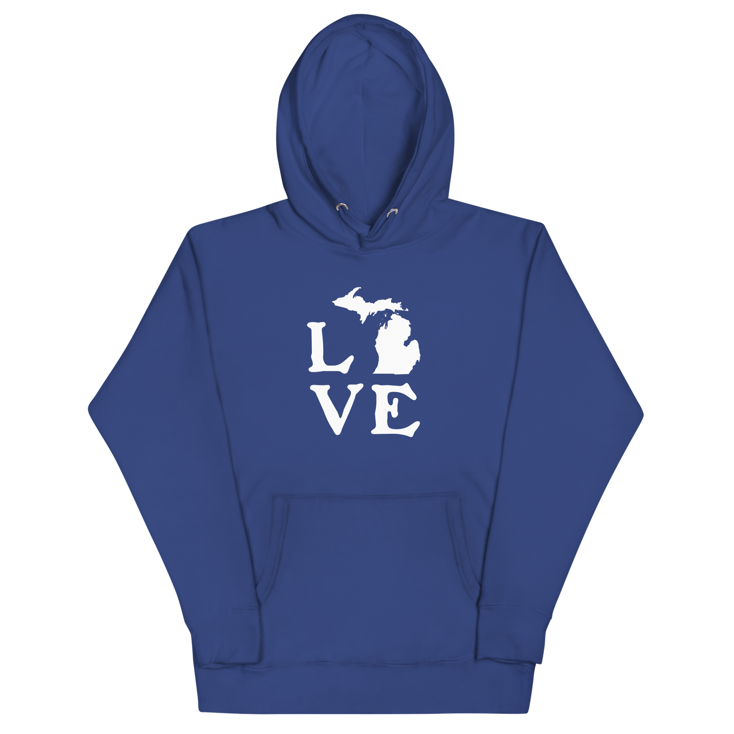 Michigan 'Love' Unisex Premium Hoodie (Woodcut Font w/MI Outline)