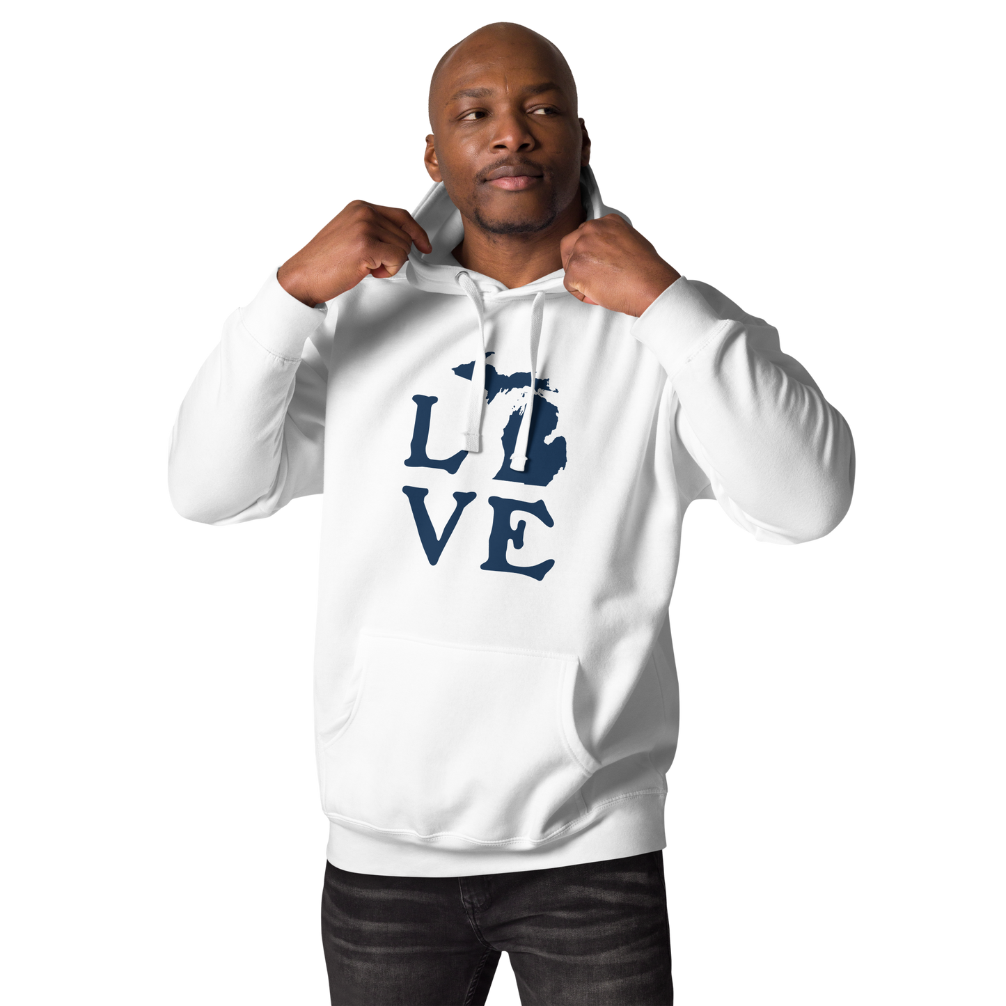 Michigan 'Love' Unisex Premium Hoodie (Woodcut Font w/MI Outline)