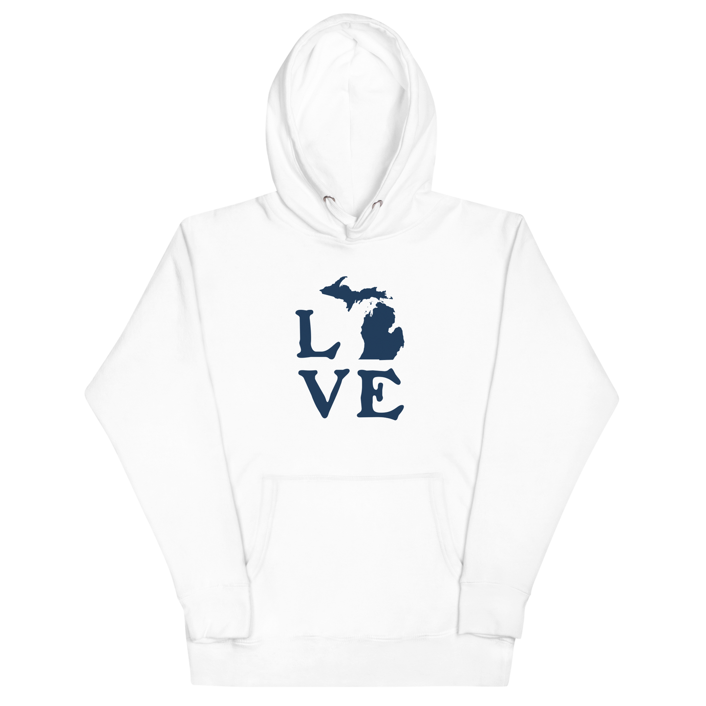 Michigan 'Love' Unisex Premium Hoodie (Woodcut Font w/MI Outline)