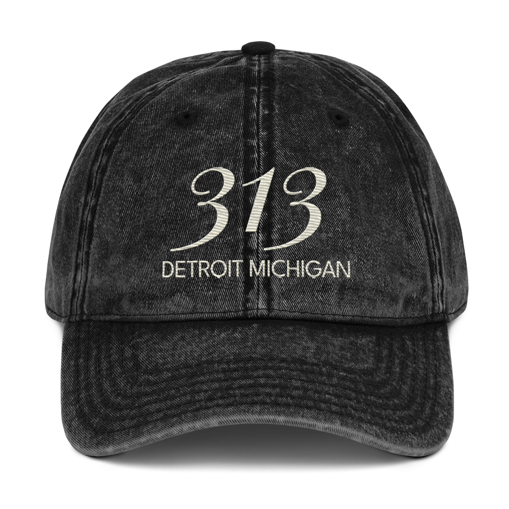 '313 Detroit Michigan' Vintage Baseball Cap | Ivory White