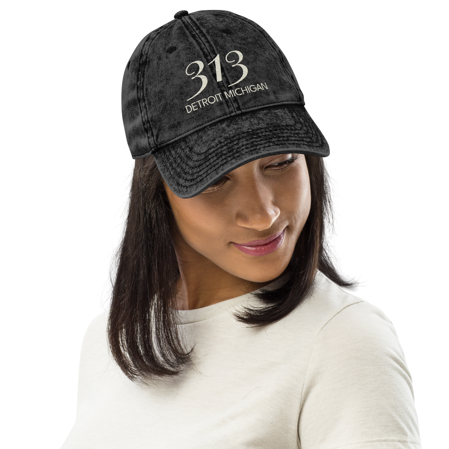 '313 Detroit Michigan' Vintage Baseball Cap | Ivory White