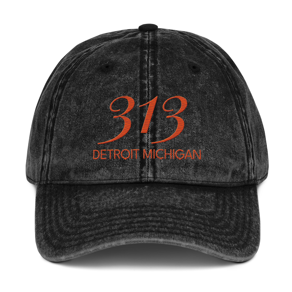 '313 Detroit Michigan' Vintage Baseball Cap | Maple Leaf Orange