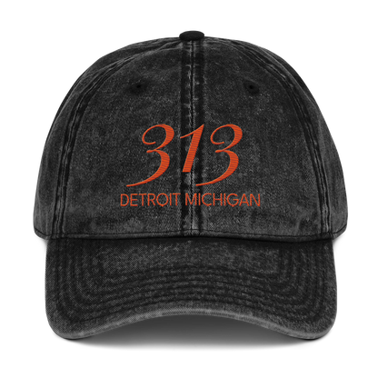 '313 Detroit Michigan' Vintage Baseball Cap | Maple Leaf Orange