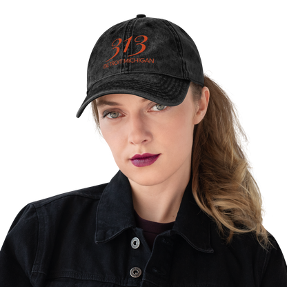 '313 Detroit Michigan' Vintage Baseball Cap | Maple Leaf Orange