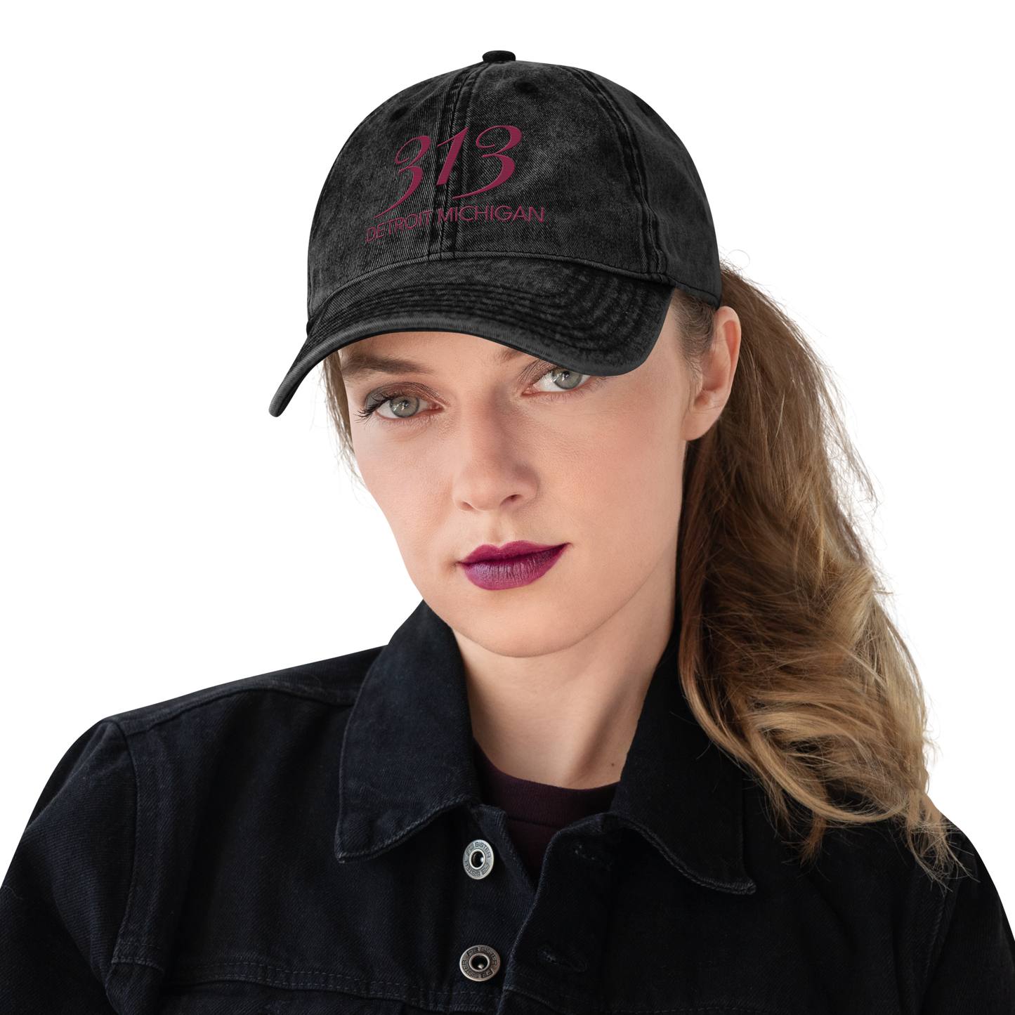 '313 Detroit Michigan' Vintage Baseball Cap | Ruby Red