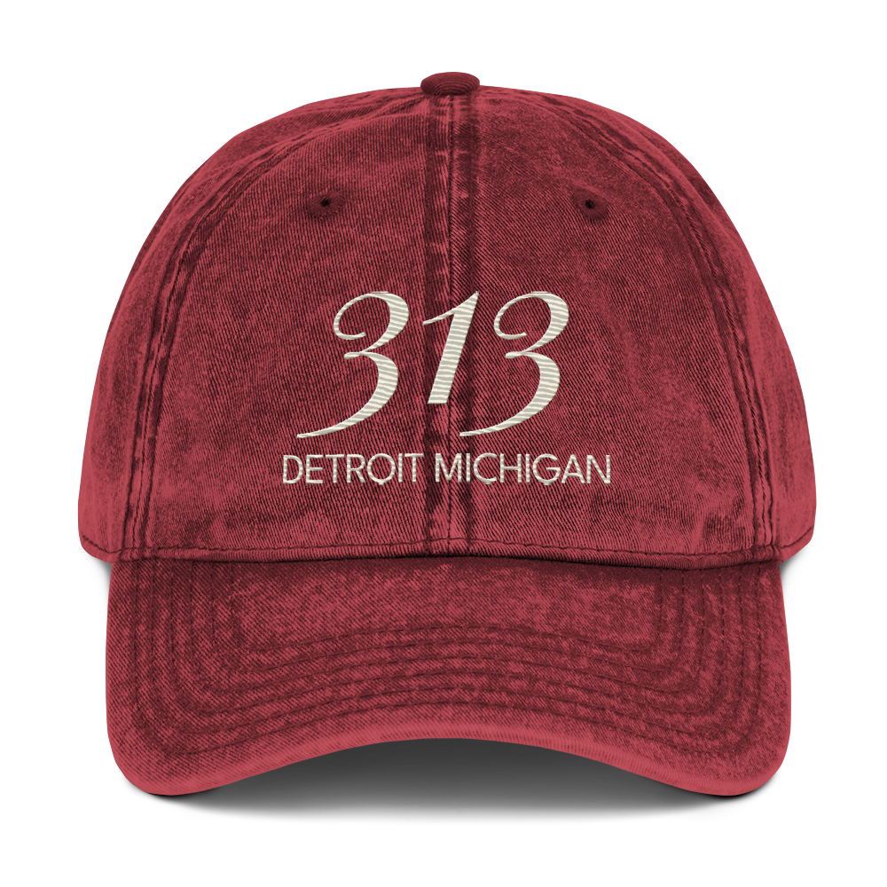 '313 Detroit Michigan' Vintage Baseball Cap | Ivory White