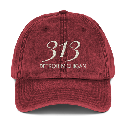 '313 Detroit Michigan' Vintage Baseball Cap | Ivory White