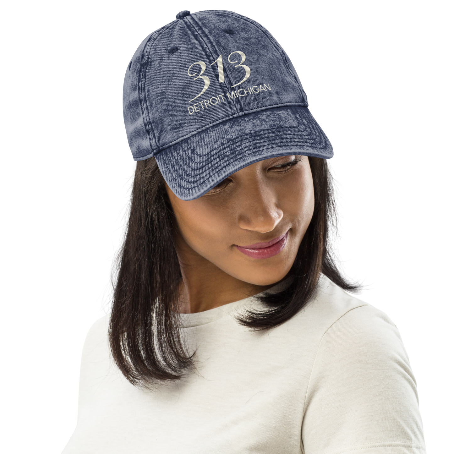 '313 Detroit Michigan' Vintage Baseball Cap | Ivory White