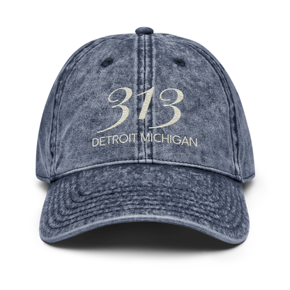 '313 Detroit Michigan' Vintage Baseball Cap | Ivory White