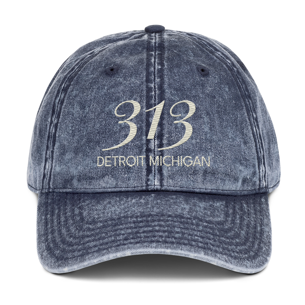 '313 Detroit Michigan' Vintage Baseball Cap | Ivory White