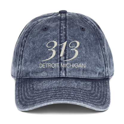 '313 Detroit Michigan' Vintage Baseball Cap | Ivory White