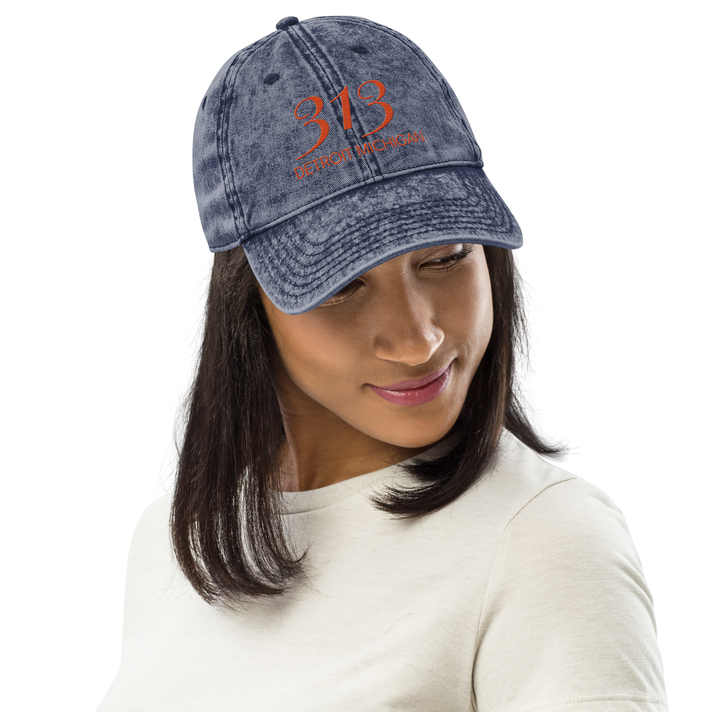 '313 Detroit Michigan' Vintage Baseball Cap | Maple Leaf Orange