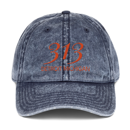 '313 Detroit Michigan' Vintage Baseball Cap | Maple Leaf Orange